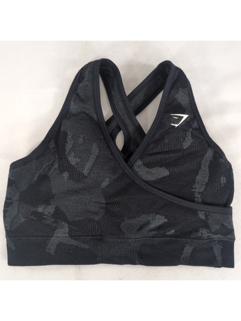 Gymshark Adapt Camo V-Neck Bra Wireless Savannah Black Grey S Small Ribbed Sport